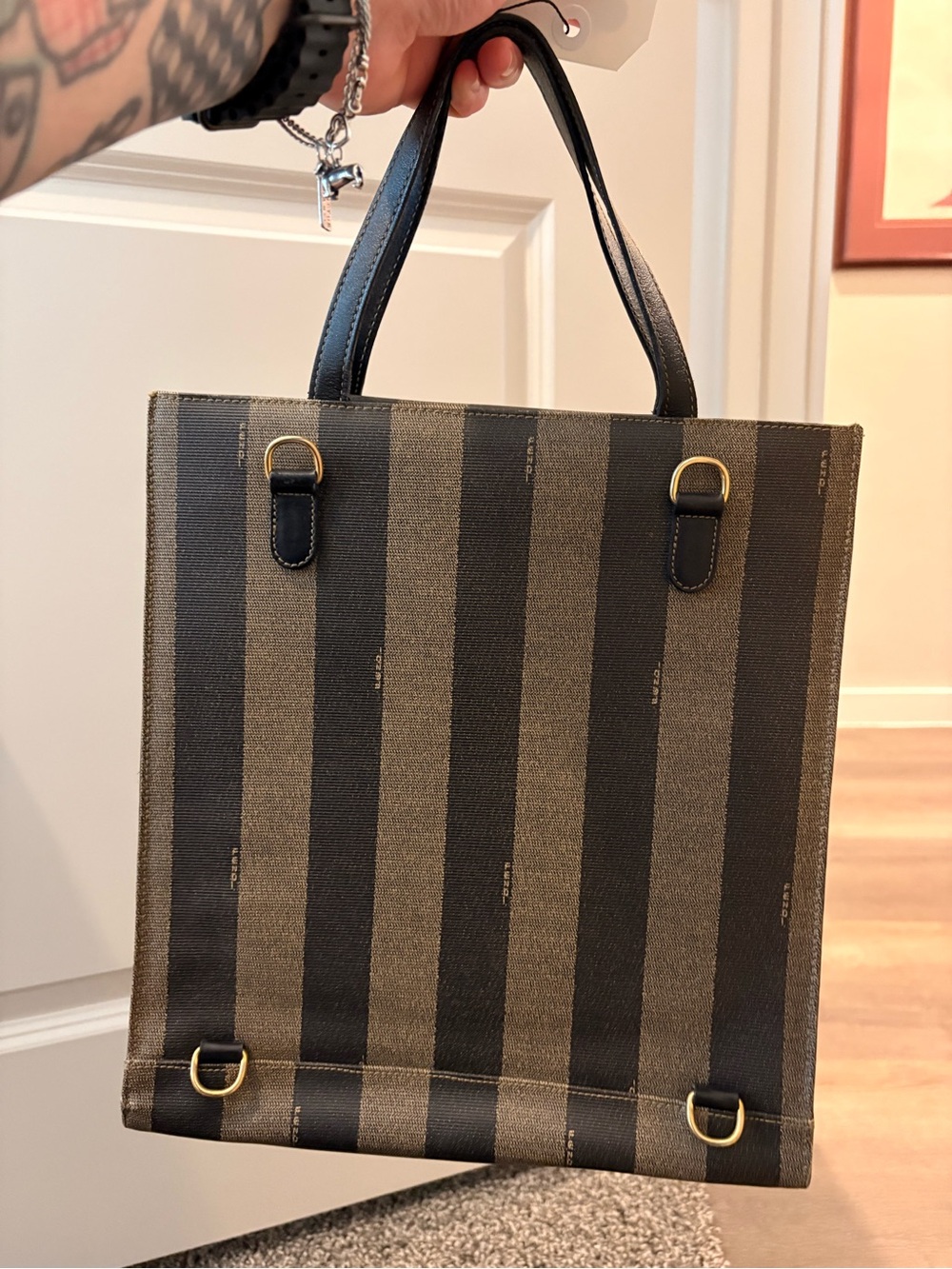FENDI PEQUIN Striped Tobacco & Black Canvas Tote Bag with COA